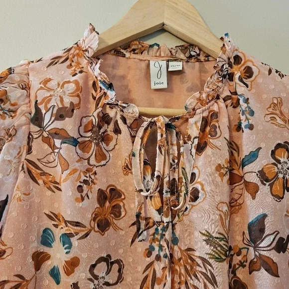 Joie Peach Floral Bohemian Peasant Chiffon Swiss Dot  Ruffle Top Tie Blouse XS. - Picture 7 of 16